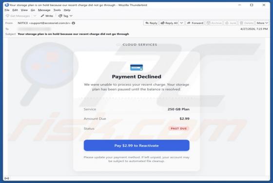Cloud Services - Payment Declined arnaque par e-mail