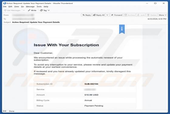 Wix Subscription Renewal arnaque par e-mail