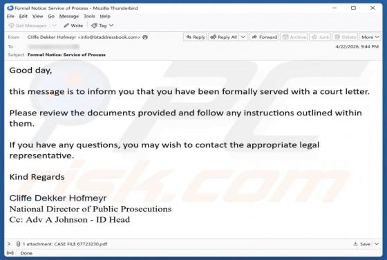 You Have Been Served With A Court Letter arnaque par e-mail