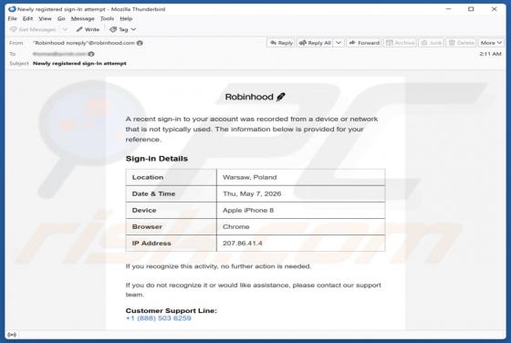 Robinhood Unrecognized Sign-In arnaque par e-mail