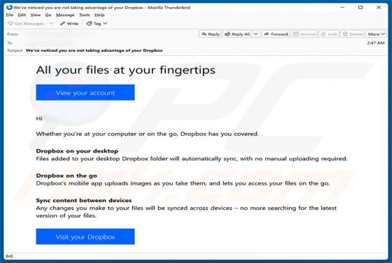 Dropbox Service Usage Reminder arnaque par e-mail