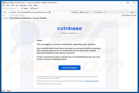 Coinbase - Disablement Of Inactive Accounts arnaque par e-mail