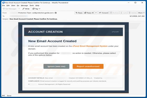 cPanel Account Creation arnaque par e-mail