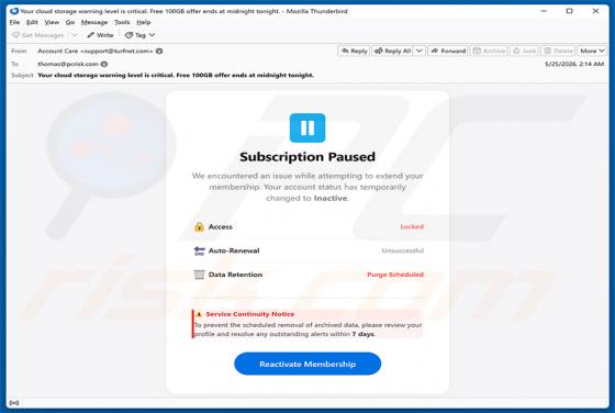 Cloud Subscription Paused arnaque par e-mail