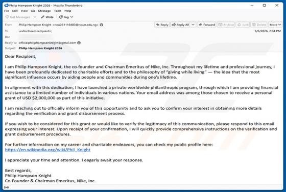 Private Worldwide Philanthropic Program arnaque par e-mail