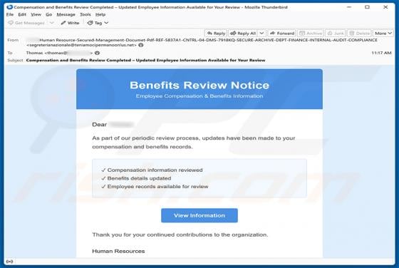 Benefits Review Notice arnaque par e-mail