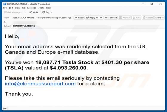 You\'ve Won Tesla Stock arnaque par e-mail