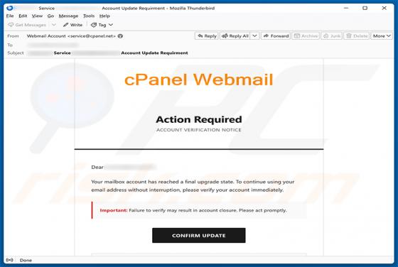 cPanel Final Account Upgrade State arnaque par e-mail