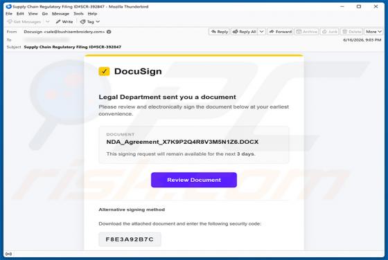 DocuSign - Legal Department Document virus par e-mail