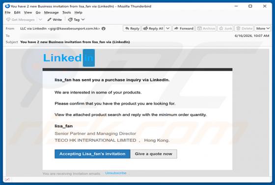 LinkedIn Purchase Inquiry arnaque par e-mail
