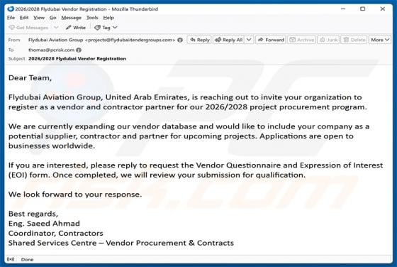 Flydubai Vendor Registration arnaque par e-mail