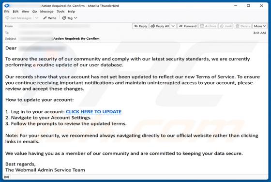 Routine Update Of User Database arnaque par e-mail