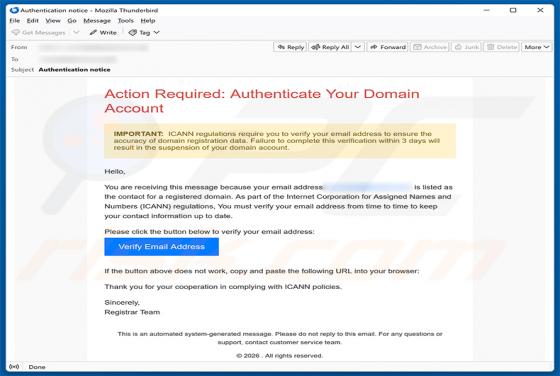Authenticate Your Domain Account arnaque par e-mail