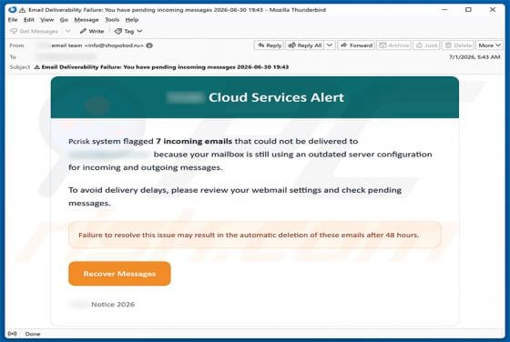 Cloud Services Alert arnaque par e-mail