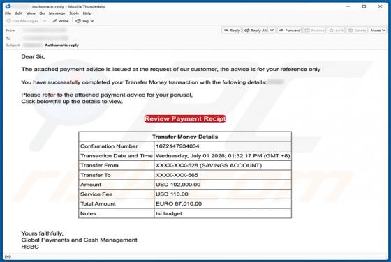 HSBC Money Transfer Completed arnaque par e-mail