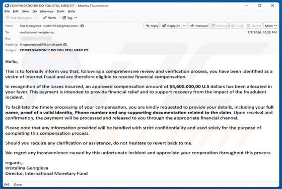 Internet Fraud Victim Compensation arnaque par e-mail