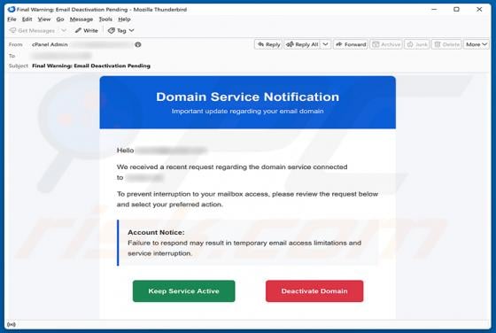 Domain Service Deactivation arnaque par e-mail