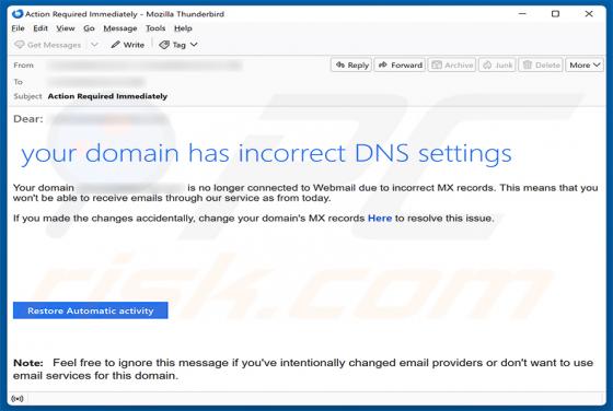 Your Domain Has Incorrect DNS Settings arnaque par e-mail