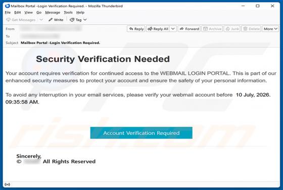 Security Verification Needed arnaque par e-mail