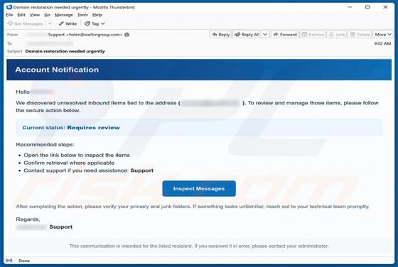 Unresolved Inbound Items arnaque par e-mail