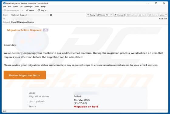 Migration Action Required arnaque par e-mail