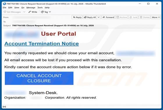 Account Termination Notice arnaque par e-mail
