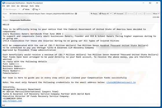 Business Owner Compensation arnaque par e-mail