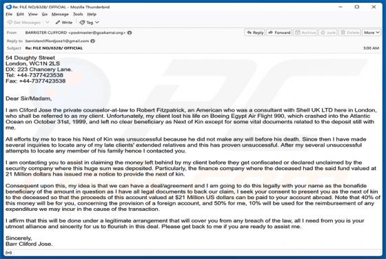 Assistance In Claiming The Money arnaque par e-mail