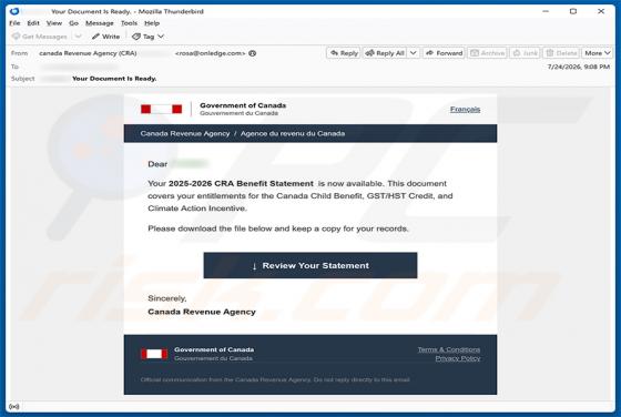 Canada Revenue Agency (CRA) Benefit Statement arnaque par e-mail