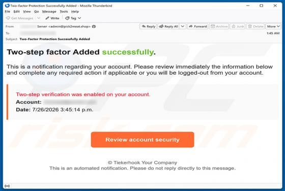 Two-step Verification Was Enabled arnaque par e-mail