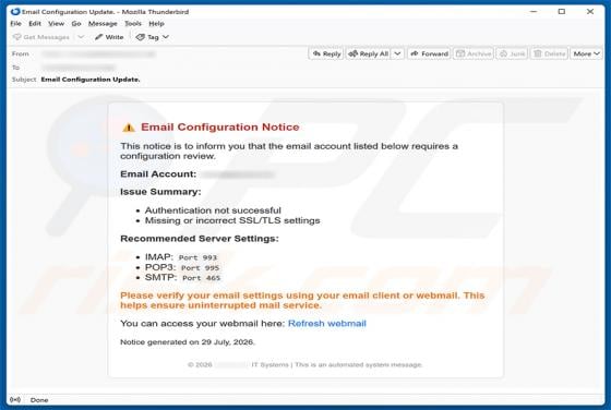 Email Configuration Notice arnaque