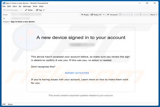 New Device Signed In To Your Account arnaque par e-mail