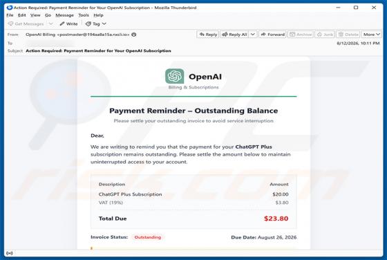 ChatGPT Payment Reminder arnaque par e-mail