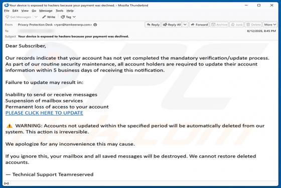 Mandatory Verification/Update Process arnaque par e-mail