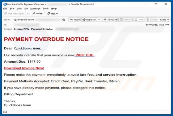 QuickBooks - Payment Overdue arnaque par e-mail