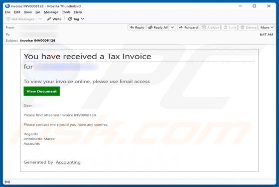 You Have Received A Tax Invoice arnaque par e-mail