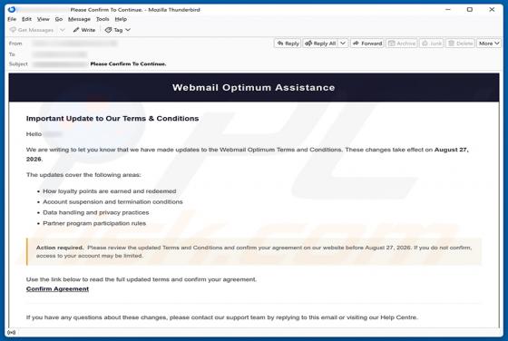 Webmail Optimum Terms and Conditions Update arnaque par e-mail