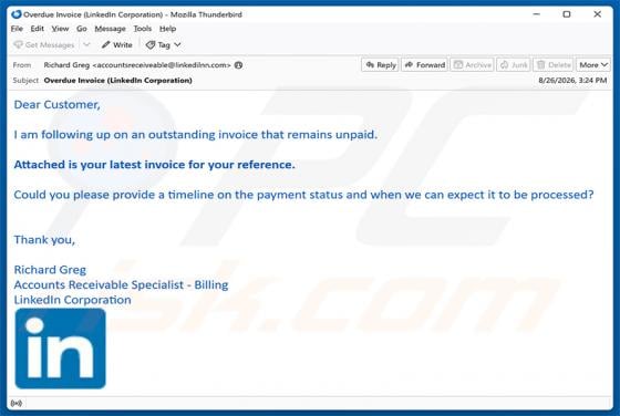 LinkedIn - Outstanding Invoice arnaque par e-mail