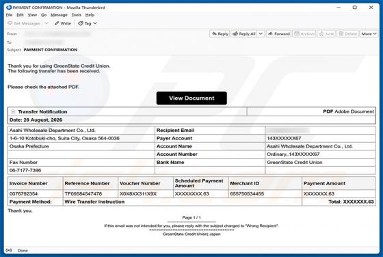 GreenState Credit Union Transfer Received arnaque par e-mail