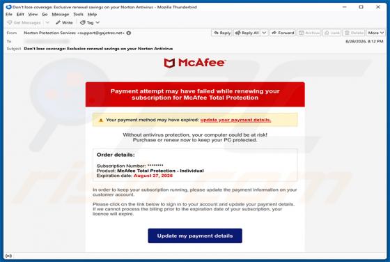 McAfee - Payment Method Expired arnaque par e-mail