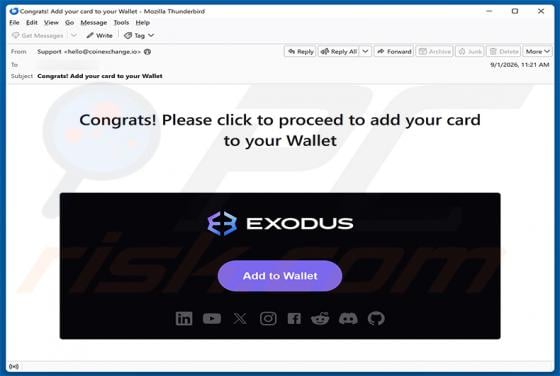 Exodus - Add Your Card To Your Wallet arnaque par e-mail