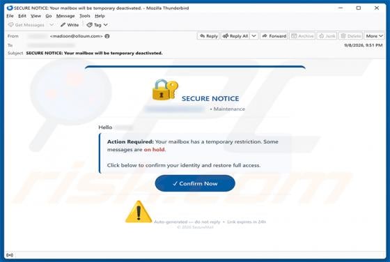 Secure Notice - Mailbox Has A temporary Restriction arnaque par e-mail