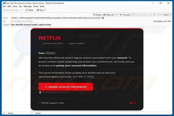 Netflix - Irregular Account Activity arnaque par e-mail