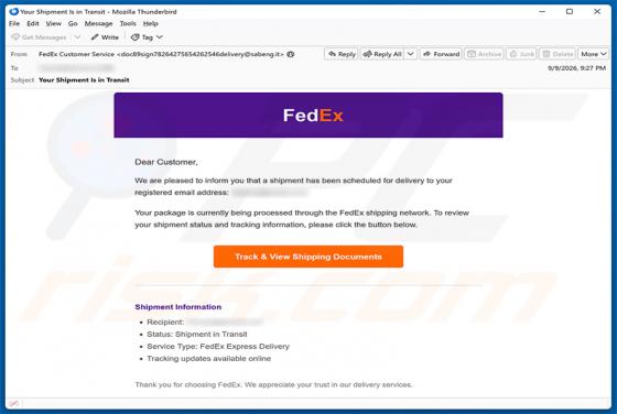 FedEx Shipment Scheduled For Delivery arnaque par e-mail