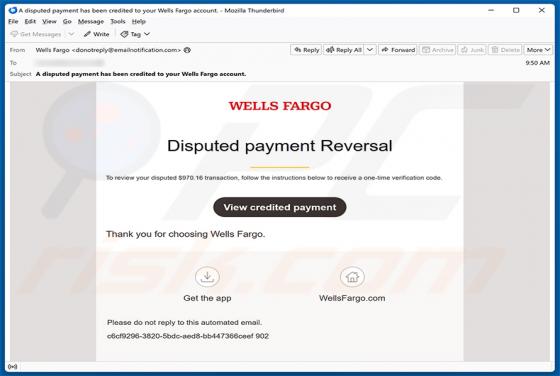 Wells Fargo - Disputed Payment Reversal arnaque par e-mail