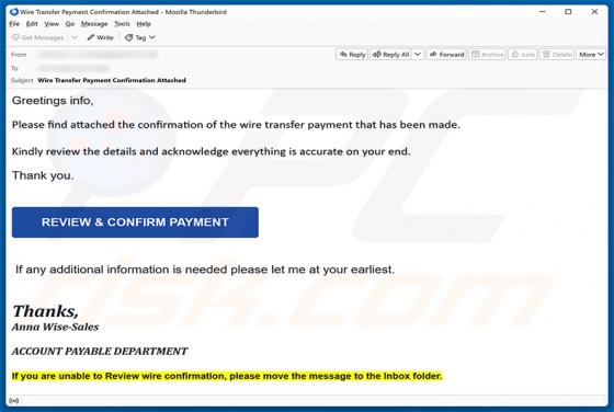 Wire Transfer Payment Confirmation arnaque par e-mail