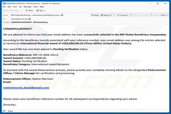 IMF Global Beneficiary Sweepstakes arnaque par e-mail