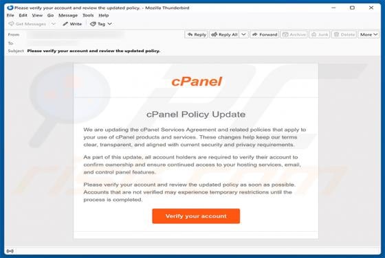 cPanel Policy Update arnaque par e-mail