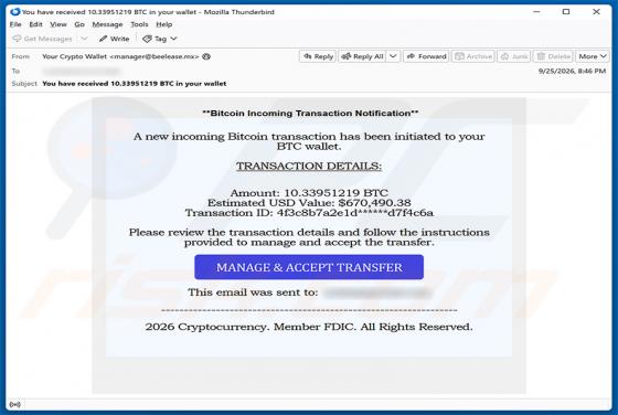 Incoming Bitcoin Transaction arnaque par e-mail