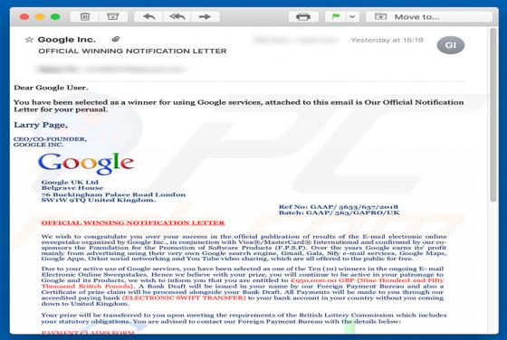 Courriel arnaque Google Winner